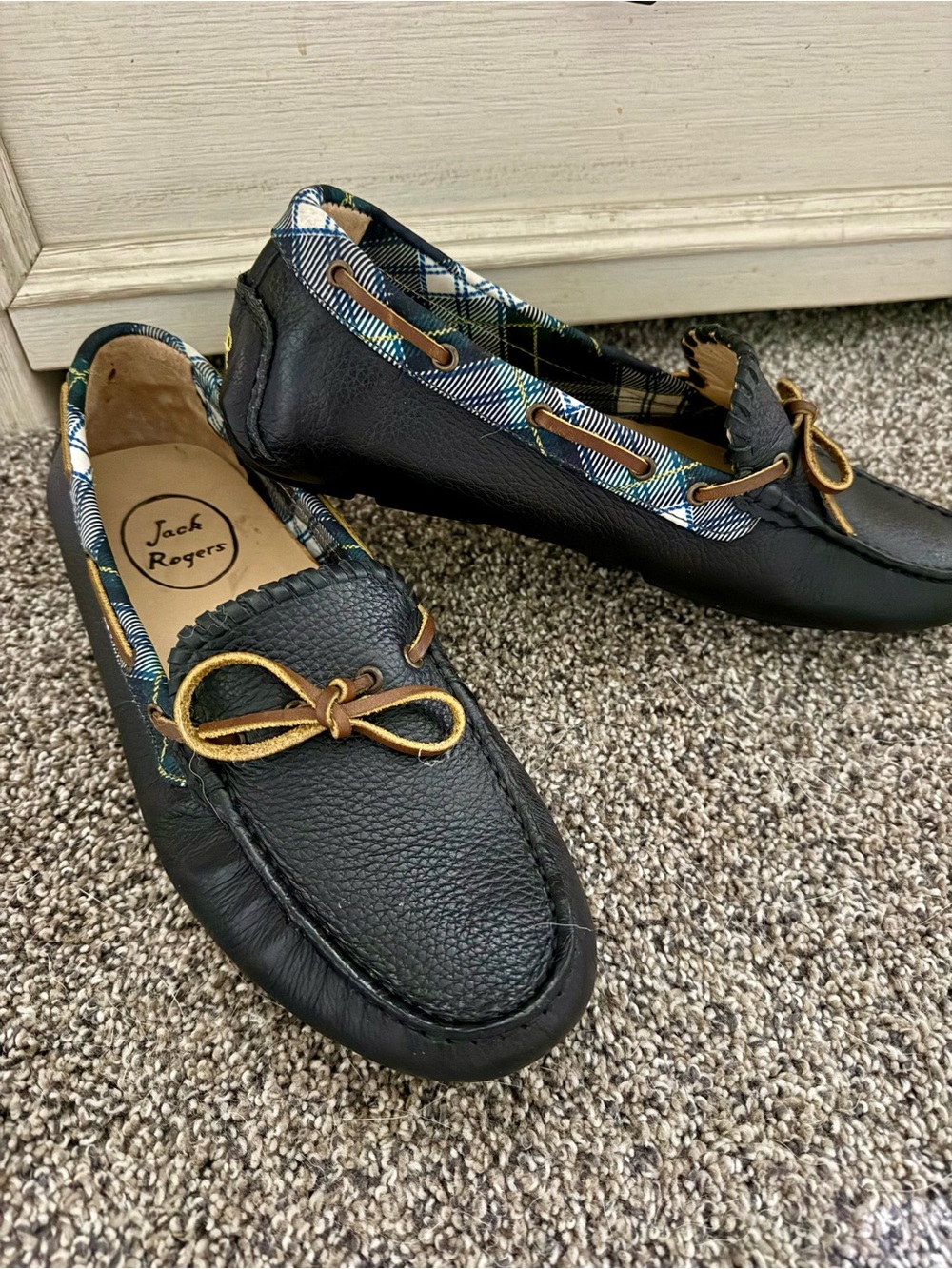 Jack Rogers Black Leather Loafers with Plaid Trim and Gold Laces